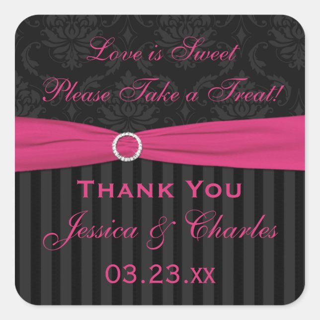 Pink Gray Black Damask Wedding Favor Sticker (Front)