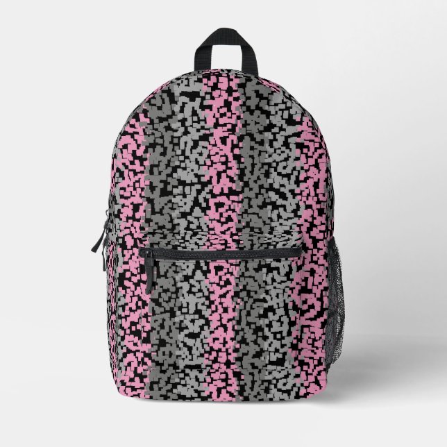 Pink gray black digital pixelated stripes printed backpack (Front)