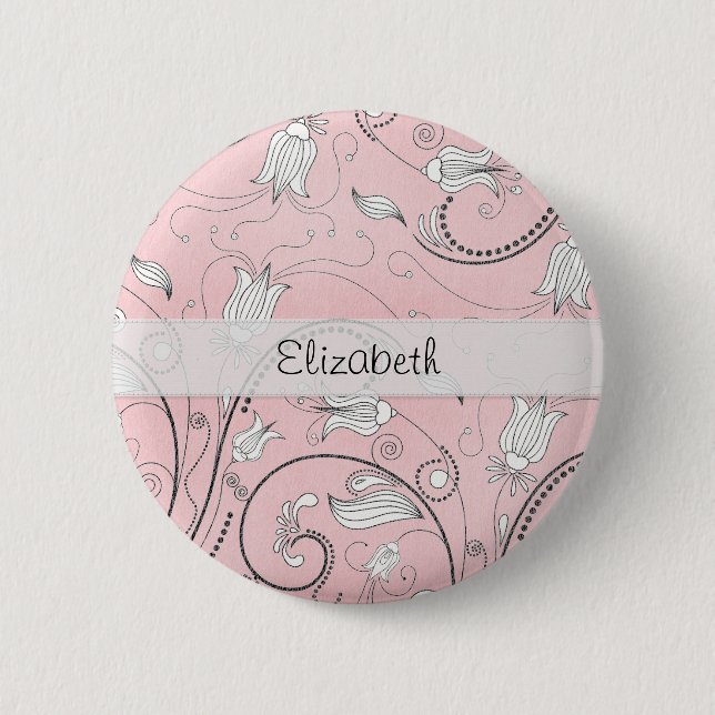 Pink Gray Black Flowers Stitched Vellum Button (Front)