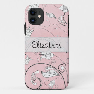 Pink Gray Black Flowers Stitched Vellum iPhone 11 Case