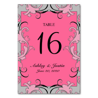 Pink Gray Black Swirls Wedding Table Number Card