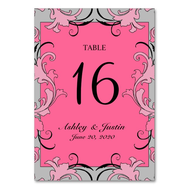 Pink Gray Black Swirls Wedding Table Number Card (Front)