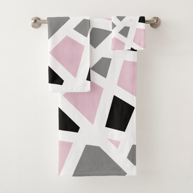 Pink Gray Black White Abstract Geometric Bath Towel Set (Insitu)