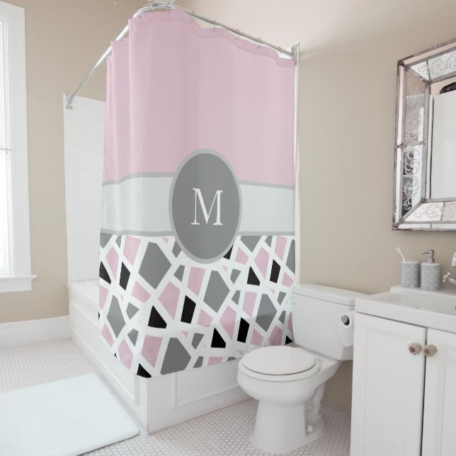 Pink Gray Black White Abstract Geometric Block Shower Curtain (In Situ)