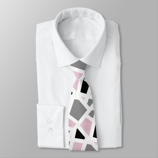 Pink gray Black White Geometric Tie (Tied)