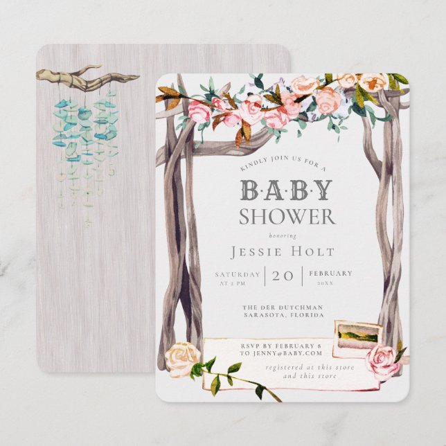 Pink & Gray Boho Coastal Beach Baby Shower Invitation (Front/Back)