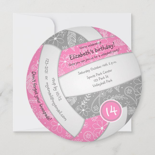 pink gray boho doodle volleyball sports birthday announcement (Front)