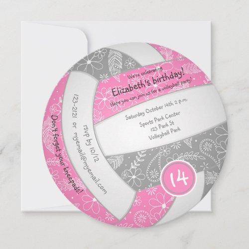 pink gray boho doodle volleyball sports birthday announcement