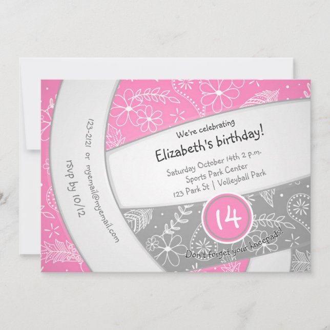 pink gray boho doodle volleyball sports birthday invitation (Front)