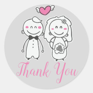 Pink & Gray Bride And Groom Thank You Wedding Classic Round Sticker