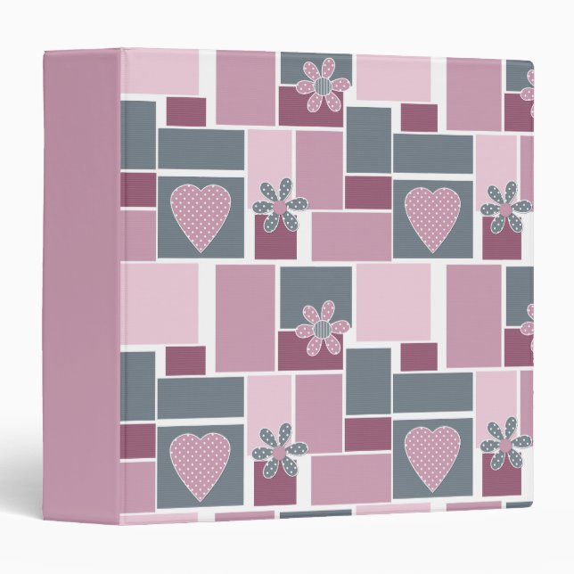 Pink gray brown patchwork of square patches  3 ring binder (Front/Spine)
