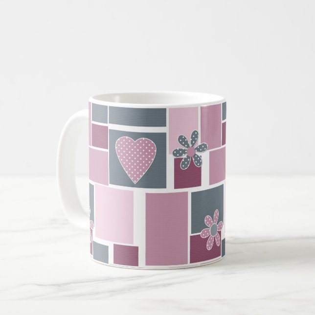 Pink gray brown patchwork of square patches  coffee mug (Front Left)