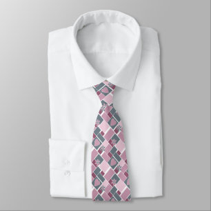 Pink gray brown patchwork of square patches  neck tie