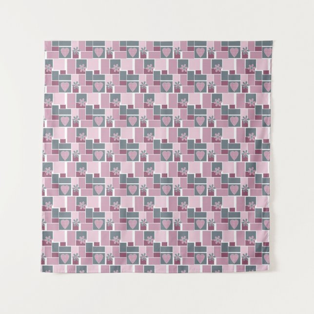 Pink gray brown patchwork of square patches  tapestry (Front)