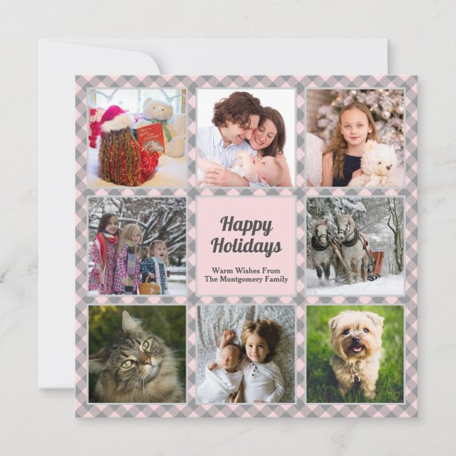 Pink Gray Buffalo Plaid Photo Collage Christmas Holiday Card (Front)
