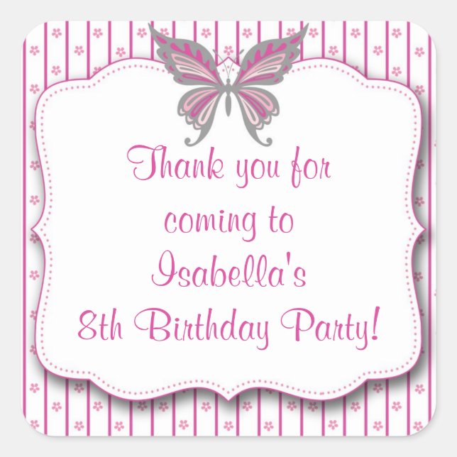 Pink & Gray Butterfly Birthday Party Favor Sticker (Front)