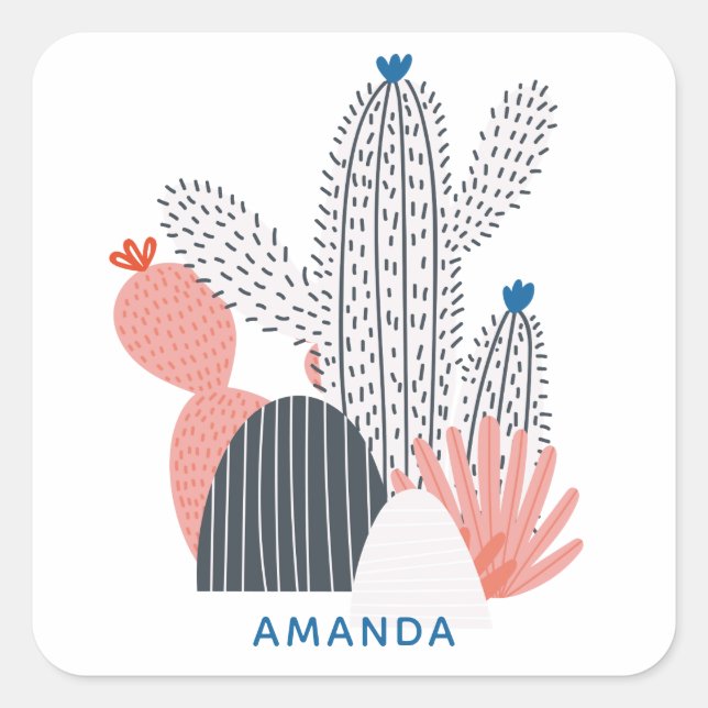 Pink gray cactus. Modern abstract cacti succulent Square Sticker (Front)