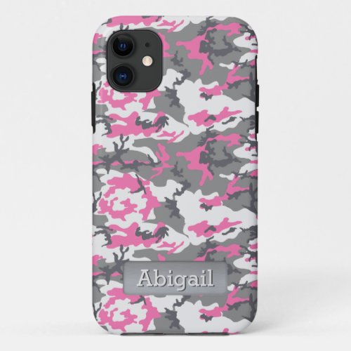 Pink Gray Camo Pattern Personalized Name iPhone 11 Case