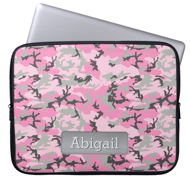 Pink Gray Camo Pattern Personalized Name Laptop Sleeve (Front)