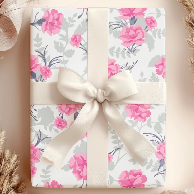 Pink & Gray Carnation Floral Wrapping Paper (Creator Uploaded)