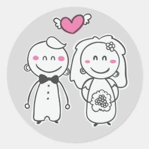 Pink & Gray Cartoon Bride And Groom Wedding Classic Round Sticker