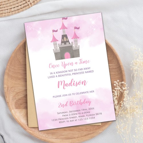 Pink Gray Castle Princess Birthday Invitations