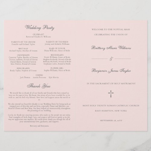 Pink Gray Catholic Wedding Mass Ceremony Program