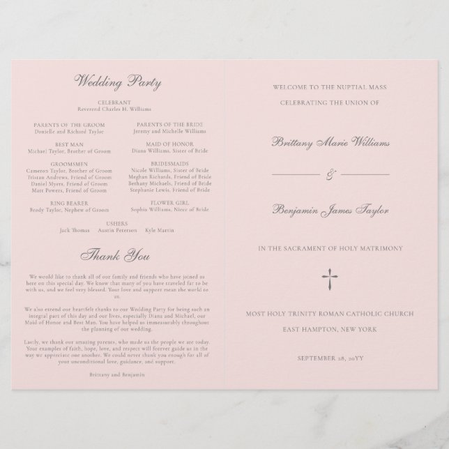 Pink Gray Catholic Wedding Mass Ceremony Program (Front)