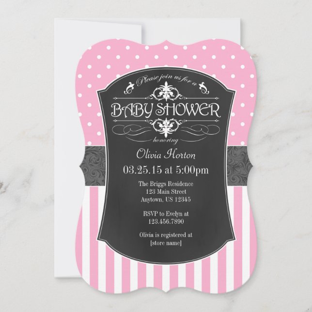 Pink Gray Chalkboard Stripes Baby Shower Invite (Front)