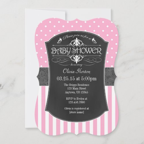 Pink Gray Chalkboard Stripes Baby Shower Invite