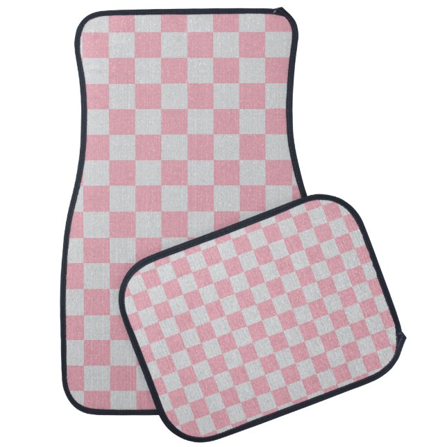 Pink + Gray Check Checkered Checkerboard Pattern Car Floor Mat (Set)