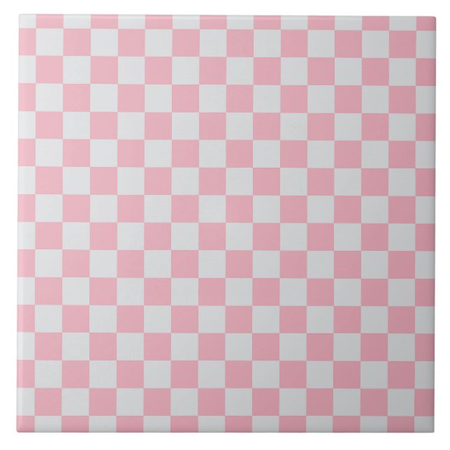 Pink + Gray Check Checkered Checkerboard Pattern Ceramic Tile (Front)