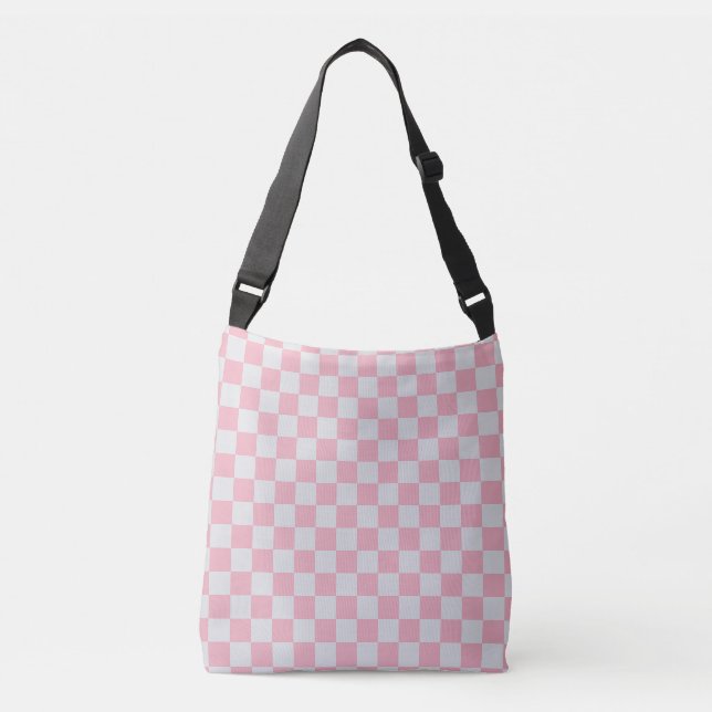 Pink + Gray Check Checkered Checkerboard Pattern Crossbody Bag (Front)