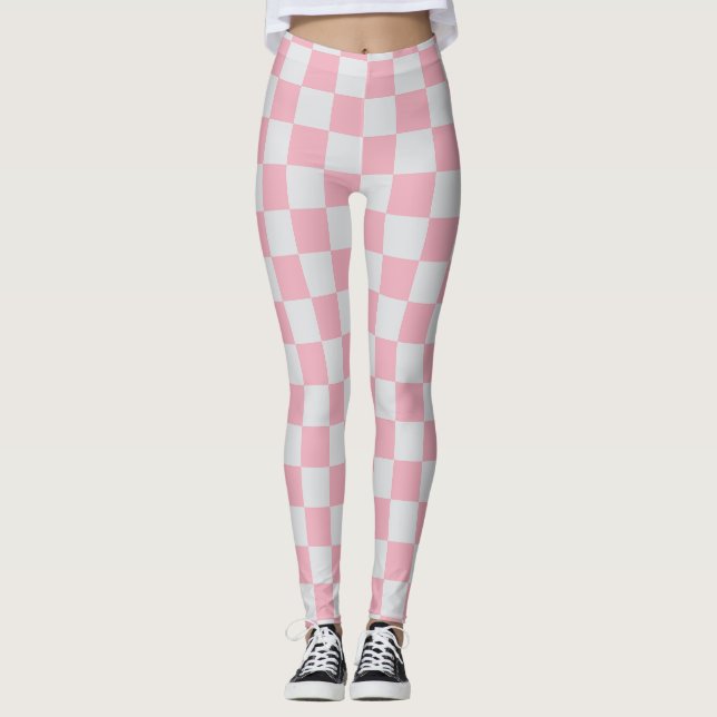 Pink + Gray Check Checkered Checkerboard Pattern Leggings (Front)