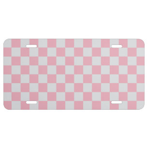 Pink + Gray Check Checkered Checkerboard Pattern License Plate