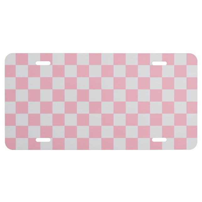 Pink + Gray Check Checkered Checkerboard Pattern License Plate (Front)