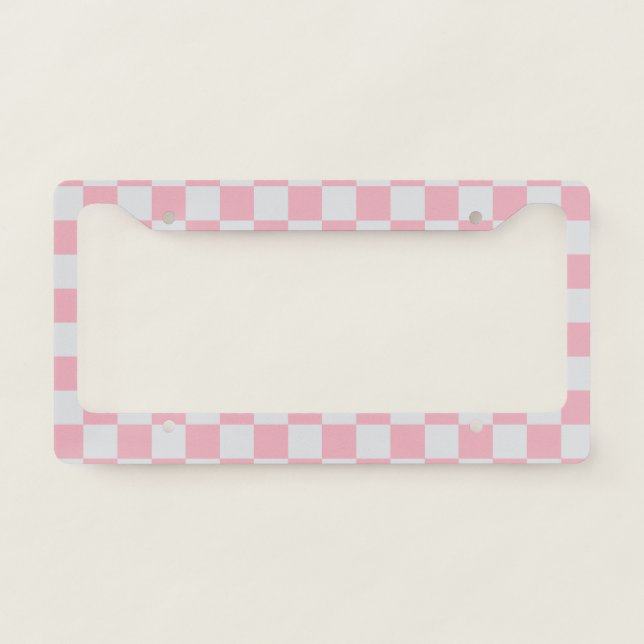 Pink + Gray Check Checkered Checkerboard Pattern License Plate Frame (Front)