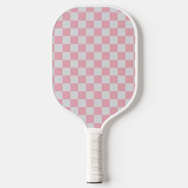 Pink + Gray Check Checkered Checkerboard Pattern Pickleball Paddle (Front)
