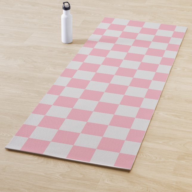 Pink + Gray Check Checkered Checkerboard Pattern Yoga Mat (In Situ)