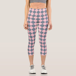 Pink Gray Checker Diamond Pattern Capri Leggings