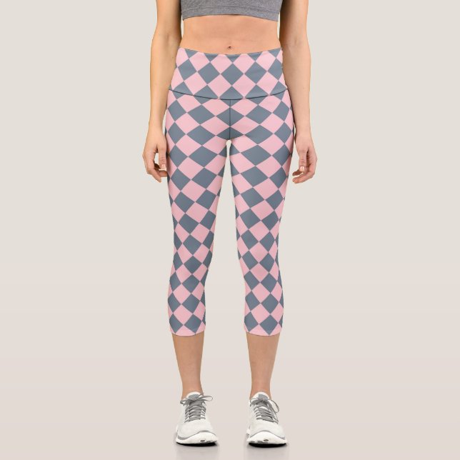 Pink Gray Checker Diamond Pattern  Capri Leggings (Front)