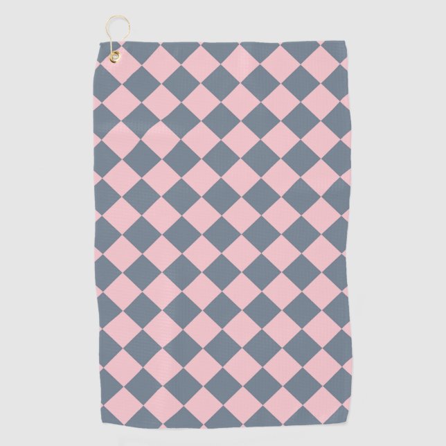 Pink Gray Checker Diamond Pattern Golf Towel (Front)