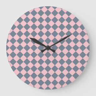 Pink Gray Checker Diamond Pattern Large Clock