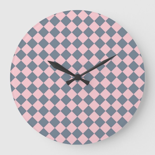 Pink Gray Checker Diamond Pattern Large Clock (Front)