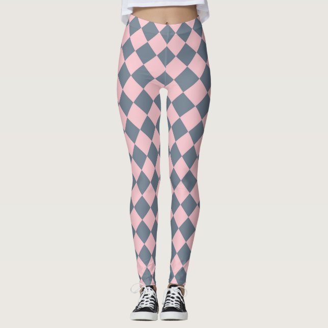 Pink Gray Checker Diamond Pattern  Leggings (Front)