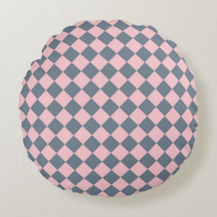 Pink Gray Checker Diamond Pattern Round Pillow