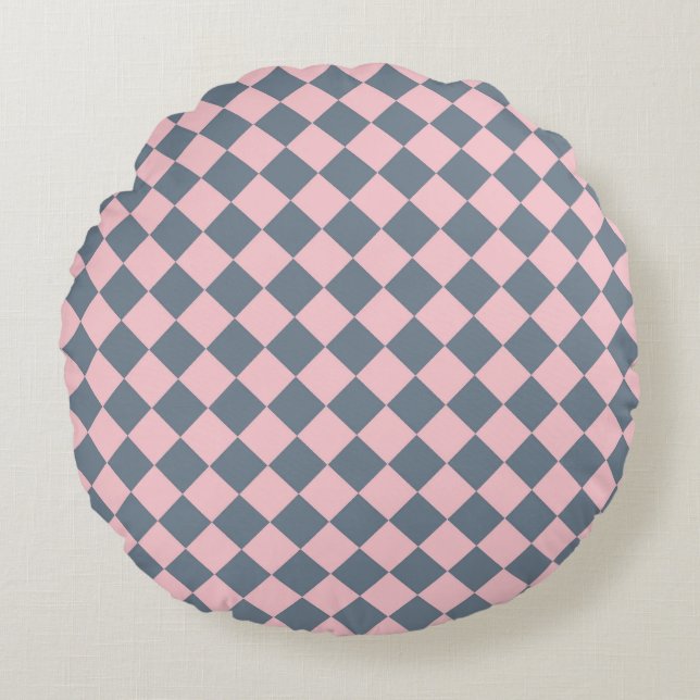 Pink Gray Checker Diamond Pattern  Round Pillow (Front)
