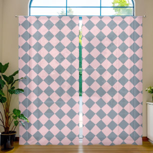 Pink Gray Checker Diamond Pattern Sheer Curtains
