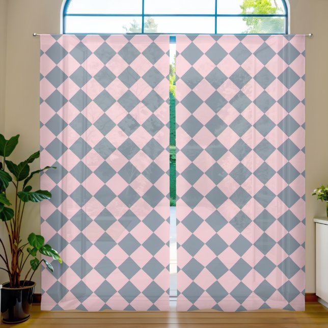 Pink Gray Checker Diamond Pattern Sheer Curtains (Living Room)