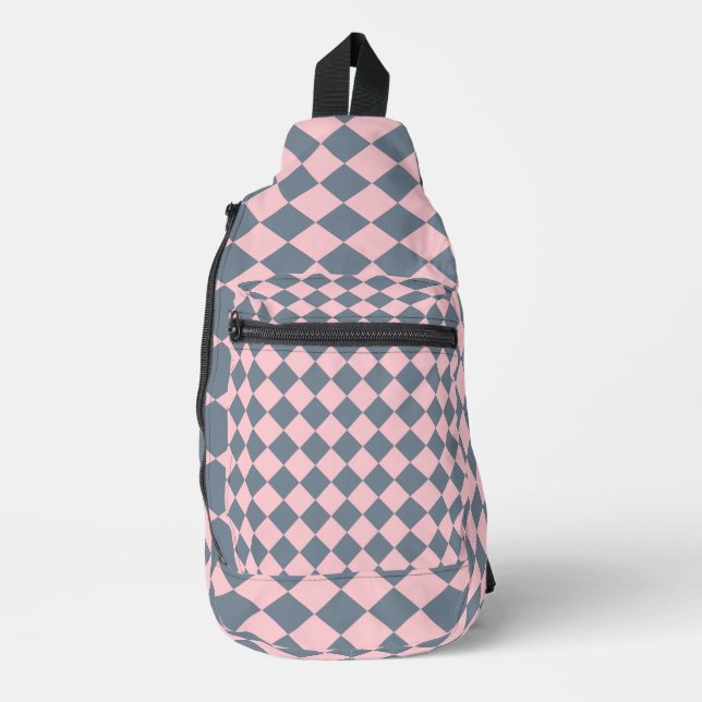 Pink Gray Checker Diamond Pattern Sling Bag (Front)